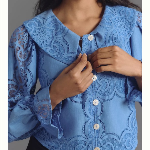 Maeve Long-Sleeve Collared Flower-Button Lace Blouse - Picture 2 of 3